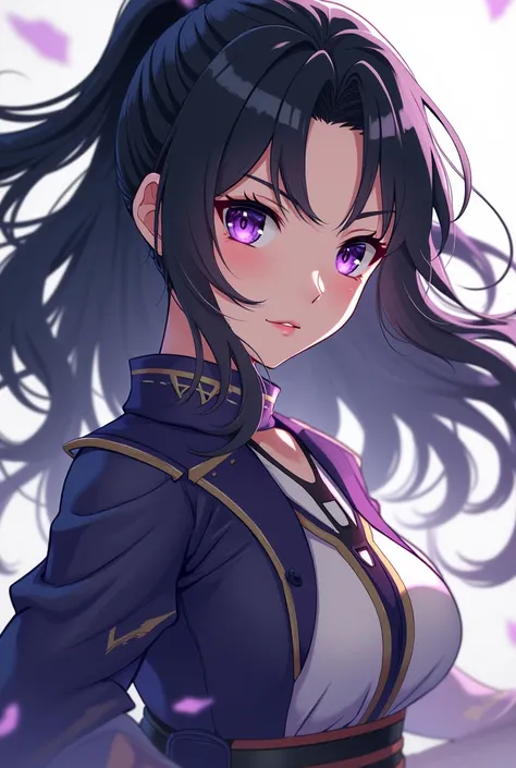 A beautiful anime girl of age about 17 or 18 years with beautiful medium long black hairs purple eyes looks like a good fighter wearing a good warrior like outfit smart and looking beautiful