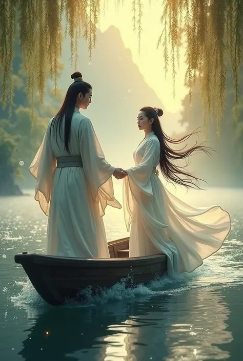 Create a captivating and dynamic digital collage that blends elements of historical Chinese romance, spirituality, and temptation. The scene should be set on a boat floating down a tranquil river, with the young scholar, Танцин, in the foreground, mesmeriz...