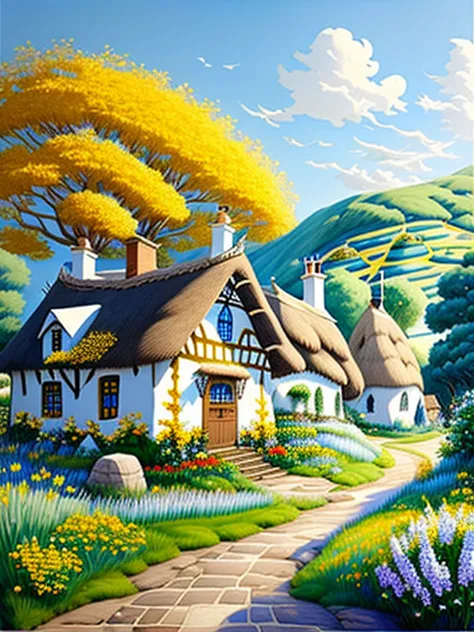  traditional house painting in medieval England 、Fairy tale、Vivid picture、Bright white house 、 brown and white timberframe walls 。 an English yellow thatched cottage、Flowers surrounding the house 々、The background is a vast hill 、 Bright Blue Skies 