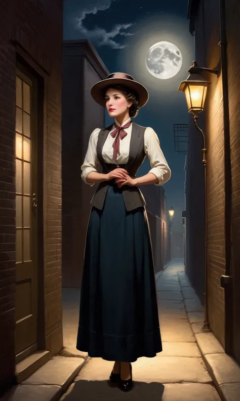 a conservative full body pose of a 1910 woman wearing a small hat and business attire and a long skirt , standing in a dark alleyway with gas lighting, a full moon in the background, beautiful character painting,