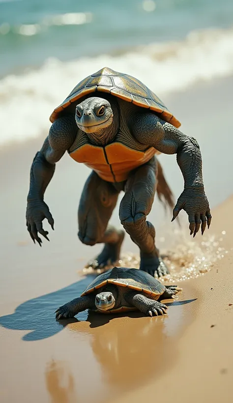 Create an image of a turtle on a sandy beach with gentle waves in the background. The turtle is in motion, its limbs extended, leaving trails in the sand. Gradually, the turtle is transforming into a hybrid creature with a powerful humanoid physique. Show ...