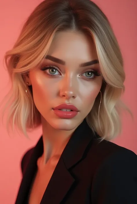 Crée un visage de femme influenceuse qui intrigue blonde au yeux rose fluo / plus professionnelle 