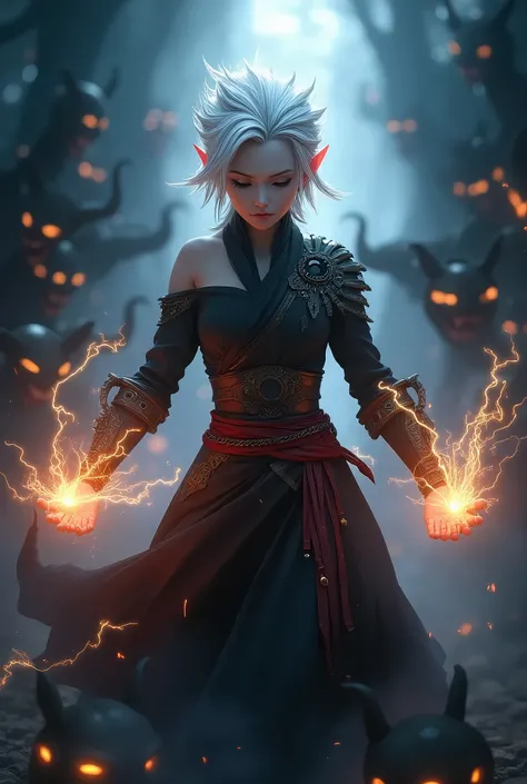 Fantasy digital artwork featuring a dynamic scene with a central character. The character is an elf-like figure with pointed ears and striking white hair, styled in a spiky manner. The skin is pale, and the facial expression is intense, with eyes closed in...