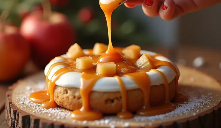 Create an image of a woman’s hand drizzling a smooth, warm caramel sauce in thin lines over a round cookie that’s already topped with icing. The cookie is filled with apple sauce and small apple cubes in the center, with some of the filling slightly overfl...