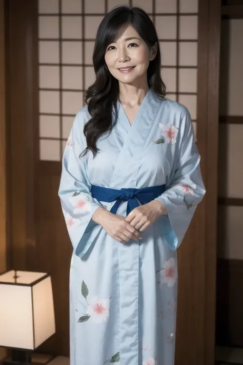 beautiful mature Japanese woman,  
shoulder-length black hair,  
soft facial wrinkles,  
wearing a slightly loose yukata,  
standing in a traditional Japanese inn room,  
serene expression,  
warm lighting,  
one person,  
full-body shot,  
realistic style...