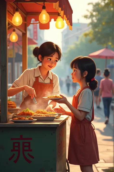 Mother and daughter serving food to customers from their food cart on the roadside