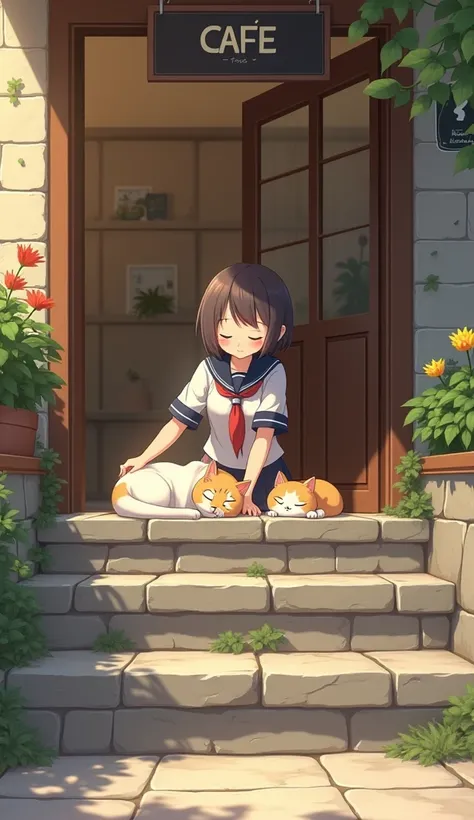 (Masterpiece, high quality, high definition, 4K, 8k, detail）、 cute cats sleeping on the stone steps（At the top of the stone steps） 、 middle school girl（ cute face、 gentle smile touching your head。 short hair、 wearing sailor suits） are stroking cats sleepin...