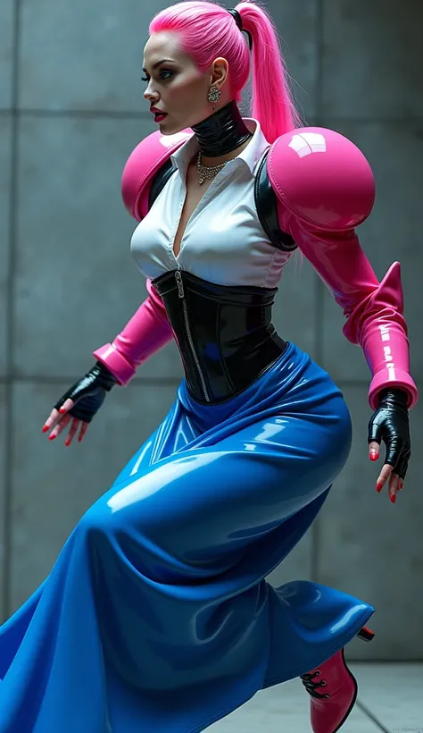 angelina jolie, en action de sauter pour donner un coup de pied, vue de profil, latex brillant, dominatrice, chemisier en latex blanc, serre taille latex noir, longue jupe crayon en latex bleu, ceinture latex noir, veste courte futuriste en latex rose fluo...