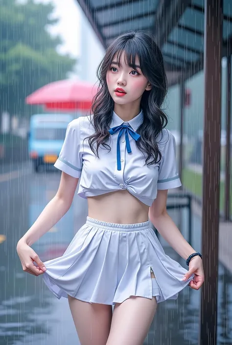 (  high definition ), (8k), (  very detailed), (Best Quality),, (masterpiece),Beautiful woman,   high school girl,   cowboy shot, (( standing at a bus stop with a roof  :1.2))、(  squeezing a skirt wet in the rain with both hands.)。Almost 18 years old .  wh...