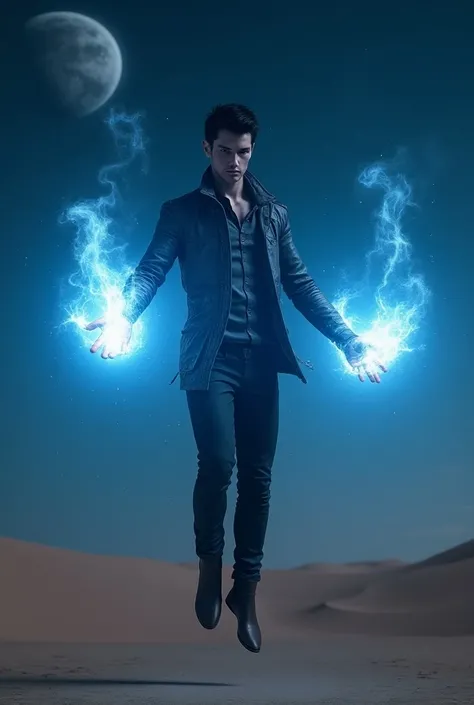 Medium build White Fucking Male with black short hair wearing futuristic cyberpunk clothes with blue light energy coming out of both hands with desert at night background hovering in the air up close with barley visible planet in the background 