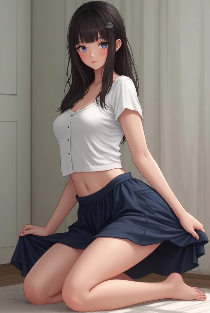 Cute 18 year old girl with small breasts and big butt kneeling down and raising her skirt to show her panties, (dark hair, blue eyes, white shirt, navy blue skirt, pink panties), (photorealistic