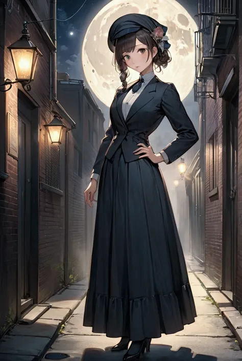 a conservative full body pose of a 1910 woman wearing a small hat and business attire and a long skirt , standing in a dark alleyway with gas lighting, a full moon in the background, beautiful character painting,