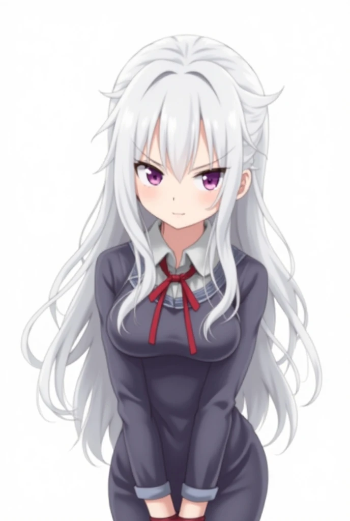 Anime Boku no Hero Academia, a woman with long white hair, purple eyes, wearing a short and slightly tight school dress. The woman is about 165 tall, has a slender face and too sharp eyes, good shape, has a chest, a distant image, a white background, the f...