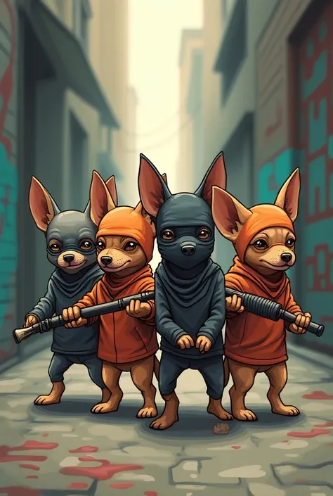 Four animated Chihuahua stray dogs 
with balaclavas with weapons