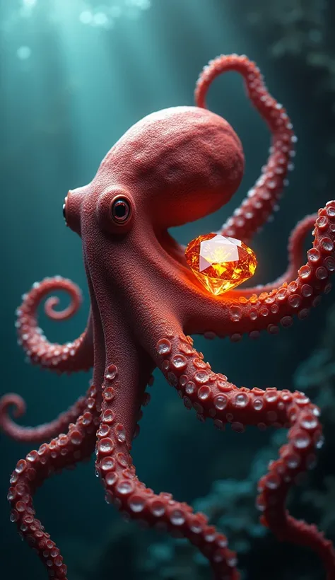 Create an image featuring a powerful octopus and a radiant coral diamond together in an underwater setting. The octopus has long, graceful tentacles and a captivating, watchful expression, with hints of deep red and orange hues on its skin. Beside it, the ...