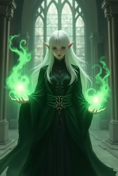 Image is a digital fantasy artwork depicting an elf-like character with long, flowing white hair and pointed ears. The character has a fair complexion and is dressed in an elaborate, dark green and black robe with intricate designs. They are standing in a ...