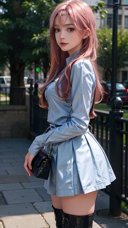 ((Best Quality)), ((masterpiece)), (  Details),  1 girl,  sexy， Pink Hair，Long Hair， side part long bangs，， blue eyes，Wear gray ， hip skirt ，black， boots。