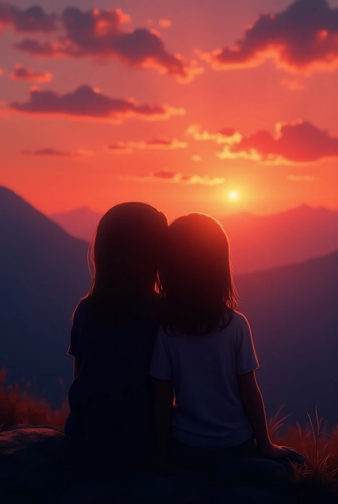 Realistic photograph of two girls sitting on a mountain during golden hour, with bright orange and blue purple tones from the sunset. The girls are facing away from the camera, one leaning on the others shoulder, and their figures should appear as silhouet...