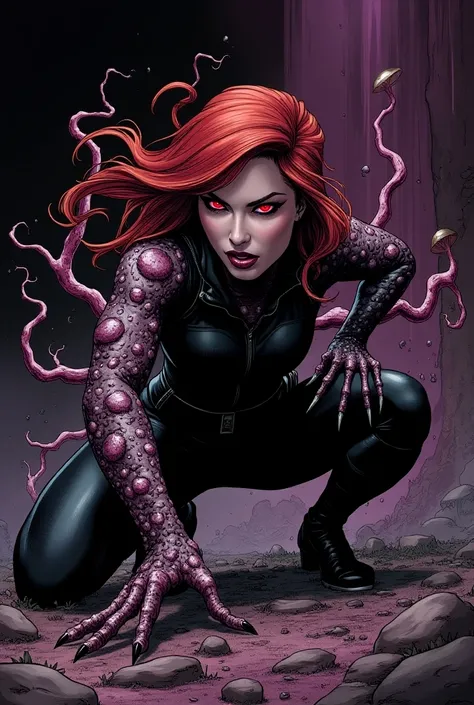 Black Widow ( Natasha Romanoff - fungal version ): "Ilustre Black Widow em sua versão fúngica, In comic book style.  She is lowered into a peeking position , with one of the arms extended,  from which thin and poisonous tentacles emerge , ready to attack. ...