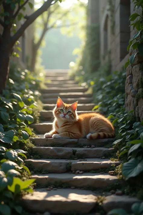 generate images of little Cat on the Stone Steps, in medieval castle, slight sun light penetrating through trees, light on the cat, Images must be of the highest quality with cinematic lighting and 16K resolution. Great attention to symmetry will be used t...