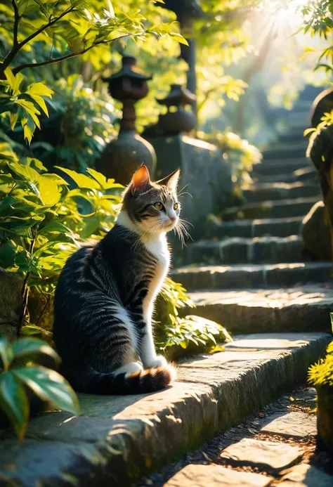 Old stone steps, A cat with a sharp expression, Leafy Background, Japanese style, Morning Light,  mystical atmosphere