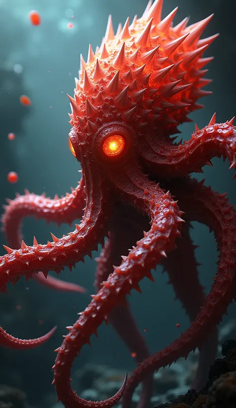 Create an image of a hybrid creature that merges features of an octopus and a coral diamond into a single, monstrous entity. This creature has the shape and tentacles of an octopus, but its skin is encrusted with sharp, coral-like crystalline facets in sha...