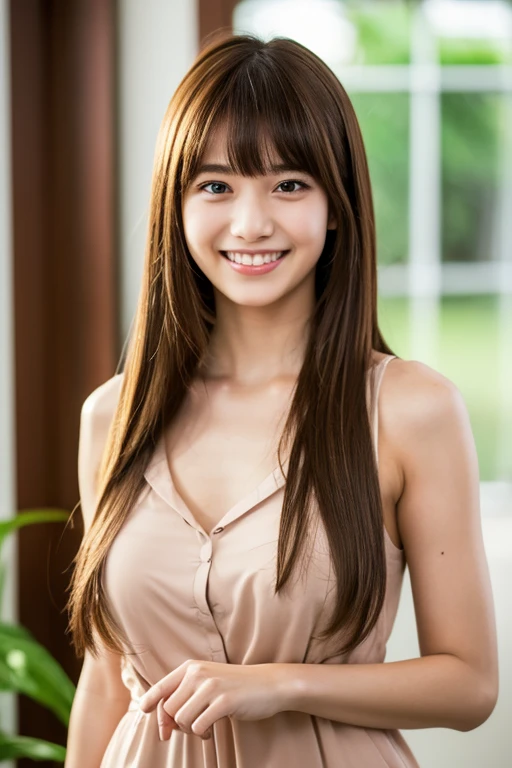 symmetric,quality, ultra high res,(photorealistic:1.4),beautiful skin, 1girl, solo, long hair, grin, bangs, brown hair, medium breast, dress shirt,slender body, holding,  upper body, teeth, indoors, blunt bangs, facing viewer, watch, realistic,  kooo123, k...