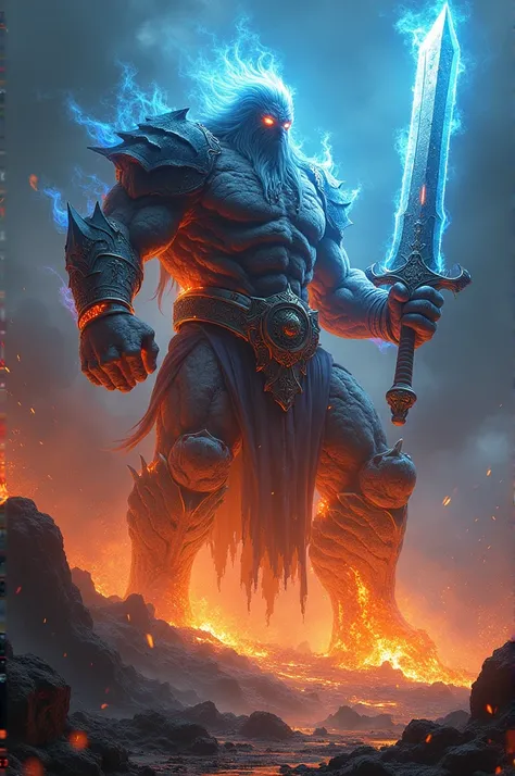 "  An immense guardian of heavenly fire with the appearance of an ancient warrior , ,  rising above a burning landscape  .   His body is composed of molten lava and jagged rocks  ,   with veins shining intensely like magma flowing under your skin  .   This...