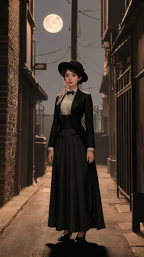 a conservative full body pose of a 1910 woman wearing a small hat and business attire and a long skirt , standing in a dark alleyway with gas lighting, a full moon in the background, beautiful character painting,