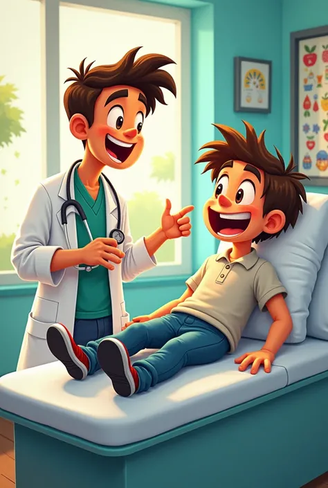 Doctor appointment with the patient and discussing  and both doctor and patient are boys make picture in funny cartoon patient is laying on bed