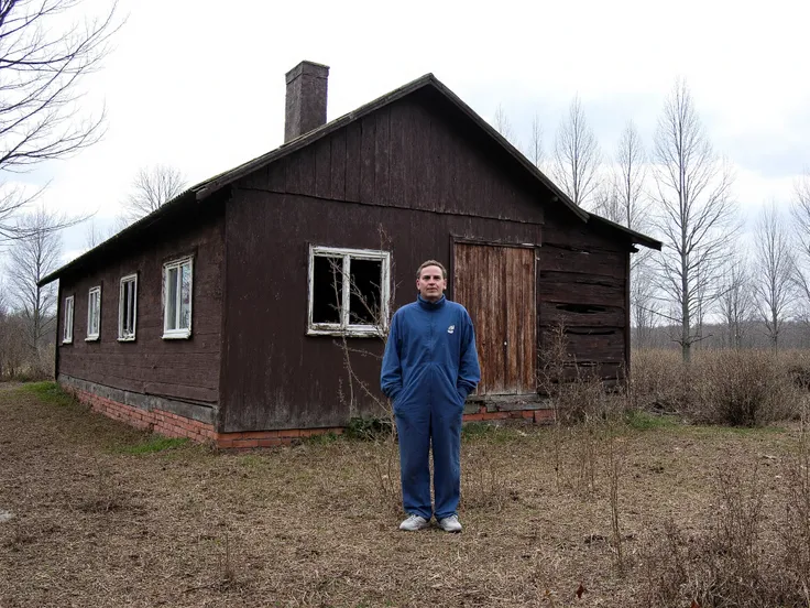  In the taiga, there is a destroyed ,  ruined house .  The roof of the house is broken, the windows are broken .  A man stands near the house ,  dressed in a tracksuit and sneakers. style: realism. 2005 photo .