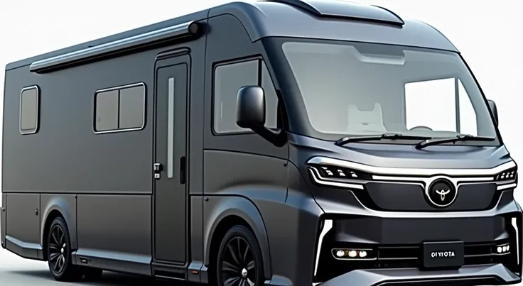 "A sleek and modern Toyota RV with a black and gray exterior. The vehicle features sharp, angular lines and a futuristic design. The front of the RV prominently displays the Toyota logo. The RV has several windows along the side and a door near the front. ...