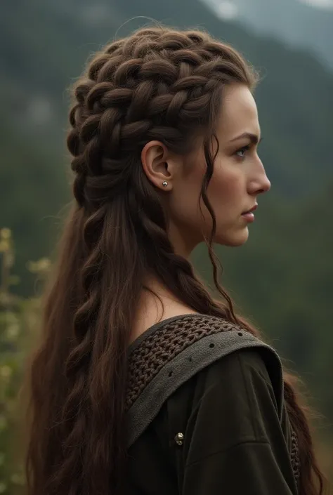  Viking woman with lots of ,  thin Dutch braids that are already reminiscent of box braids. No hair is open ,  it is all braided .  She has long brown hair