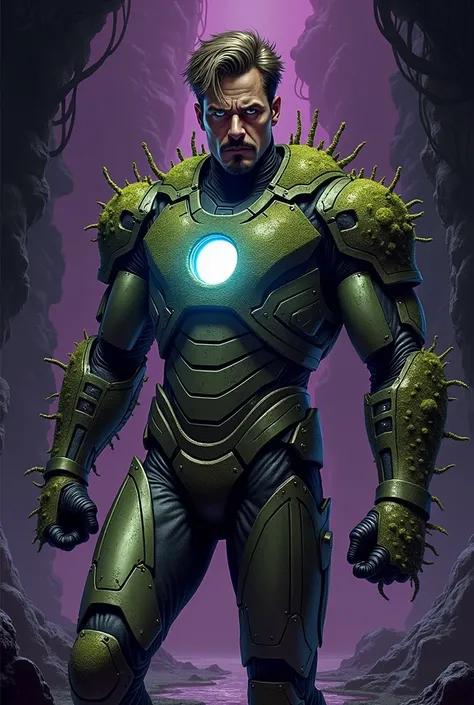 iron man ( Tony Stark - fungal version ): "Crie uma ilustração digital em estilo HQ do iron man em versão fúngica. he is standing,  with arms slightly open and one hand raised , ready to fire energy ,  with a melancholic and confident expression .  His arm...