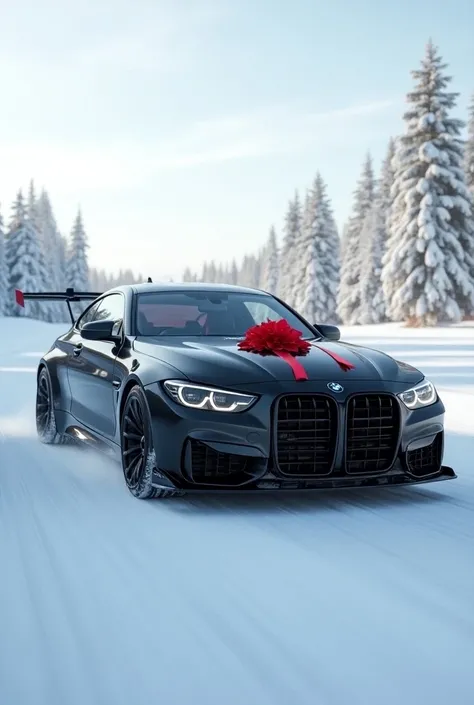 Black BMW M4 with spoiler and wide construction on a snow-covered road with a red ribbon on the bonnet