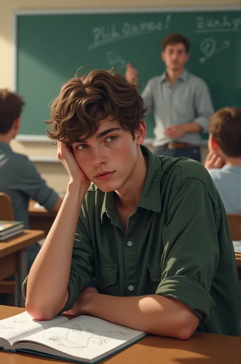 A young man sitting in a classroom, looking bored and uninterested, doodling in his notebook while the teacher lectures in the background. The boy’s desk has scattered books, and he has a distant expression, showing he’s not engaged in the lesson.
