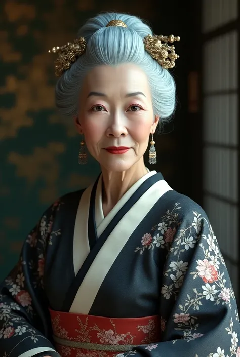 Old lady empress with light blue hear, peach pink eyes, geisha style, black and white kimono
She is 70 years old