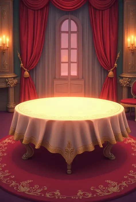 strong cartoon style, round table, ivory tablecloth, luxurious decorative edges, ornate fabric design, intricate European patterns, soft folds, smooth surface, vibrant colors, playful design, elegant table, no human, object-focused, baroque style, decorati...