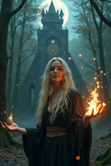 a beautiful modern witch with blonde hair, beautiful face and smiling, facing the camera with grace, practicing her spells and performing a ritual in a mystical forest clearing, surrounded by ((glowing runes)) and ethereal spirits under a full moon, with h...