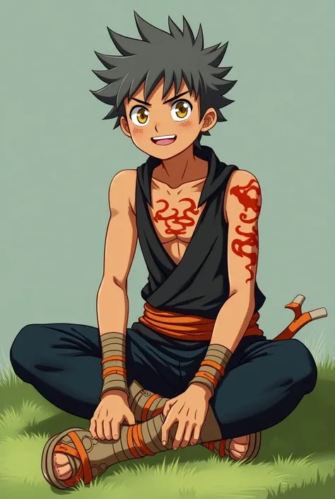  Full scene of a stylized anime character ,  probably from a game or manga .

The character is a young man .  His skin tone is a light bronze color .  He has short hair , spiky, Of course/gray, coberto por uma faixa com um símbolo ninja estilizado em gray ...