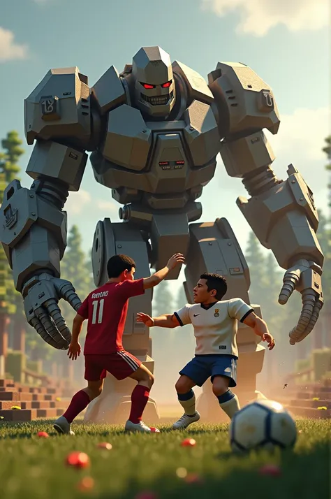 Cr Ronaldo fighting iron golem in the minecraft graphics minecraft except Ronaldo in high graphics real life