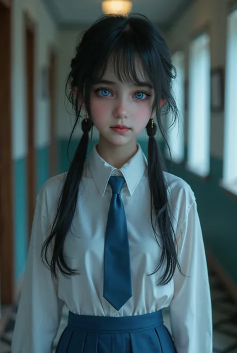 Photo, dark atmosphere, pretty Korean female teenager, big wide blue eyes, wearing white collared shirt, blue necktie, blue school skirt , thin bang, long messy black hair, low twin tail, pale white skin, small lips, master piece, photorealistic, amazingly...