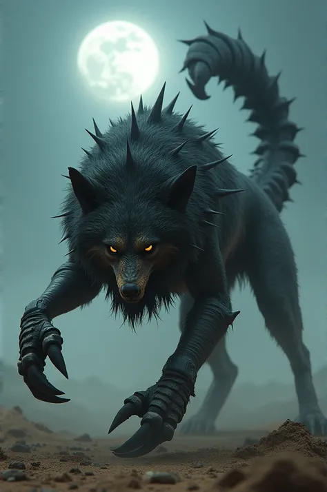 "A powerful hybrid creature with the muscular body and thick fur of a wolf, combined with the segmented exoskeleton, claws, and menacing tail of a scorpion. The creature prowls through a misty desert landscape under a haunting full moon. Its scorpion tail ...