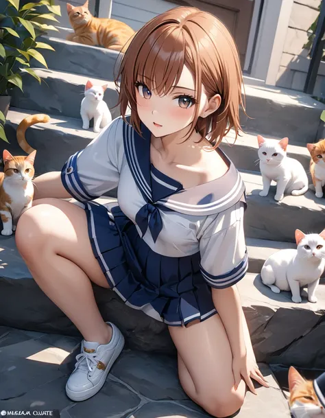 Cats on the stone steps :1.5, Lots of cats, (Misaka Mikoto),  sailor suit, , masterpiece:1.5, masterpiece, highest quality, UHD, retina, masterpiece, ccurate, anatomically correct, textured skin, super detail, high details, high quality, best quality,  hig...