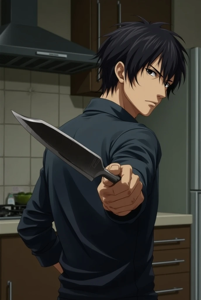 A man with medium black hair..staying with his back and hes holding a kitchen knife.. Now make him look behind 