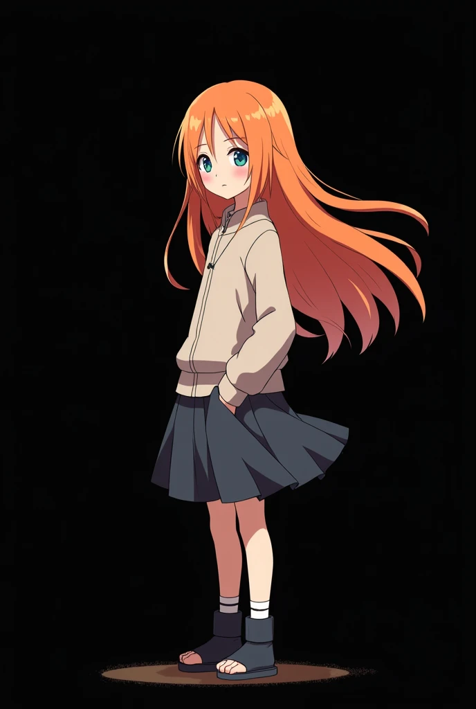 Create an image of a beautiful girl standing and full bodied, Mai Yamamoto  ( eleven years ).  character from the anime  "Classic Naruto".  straight red fiery orange hair with two white locks highlighted on the front. A half fringe thrown down the right si...