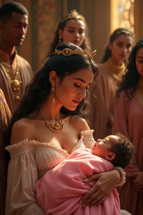 A very clear ultra hd dynamic image of "Queen Kamala holding her newborn daughter, wrapped in soft pink fabric, surrounded by servants and advisors in a glowing royal chamber. King Virendra stands beside her, filled with joy."
