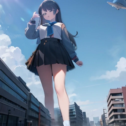  a busty teenage girl is wearing sneakers， a girl taller than a building destroys a building ，Ridiculous Sailor Suit，  short skirt  , black hair long hair ,Well-groomed Lori face,A giant UFO in the sky ,