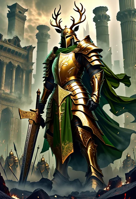 The image depicts a powerful and enigmatic warrior king of immense beauty, inspired by the great medieval sentinel warriors, the mystical and ancient land of the endless shores. The sentinel warrior wears a very large and thick magnificent armor with a hel...