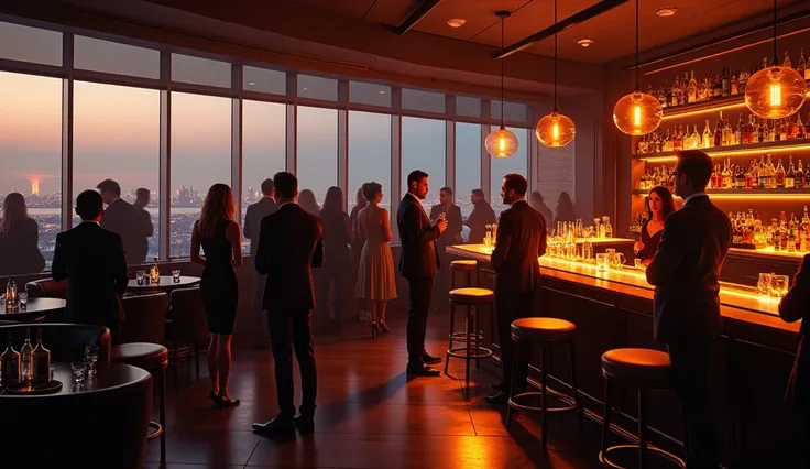 A photo of an upscale bar or lounge setting with a warm orange glow. There are multiple individuals, both men and women, engaged in conversations, with some holding drinks. The bar is equipped with an extensive collection of bottles, glasses, and a modern ...